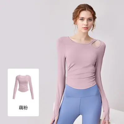 Women's Long-Sleeve Yoga Top, Off-Shoulder with Ruching, Slim Fit - 8
