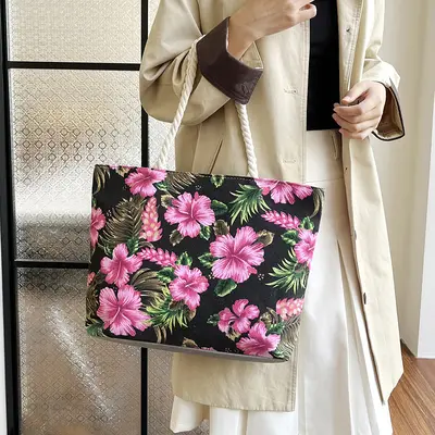 Printed Canvas Shoulder Bag, Floral Pattern, Large Capacity Tote Bag - 5