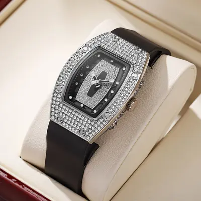 Barrel-shaped Diamond-inlaid Quartz Strap Women's Watch Fashion Trendy Temperament Ladies Wristwatch Silicone Watch Wholesale White