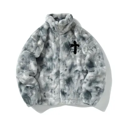Amerikan Streetwear Batik Desenli Yapay Tavşan Kürklü Mont, Unisex