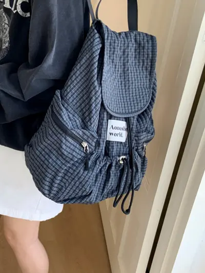 Korean-Style Lightweight Nylon Plaid Backpack, Large Capacity, Drawstring Tote - 6