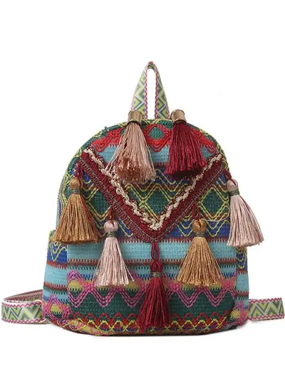 Women's Lightweight Backpack, Ethnic Tassel Design, Small Travel Size - 6