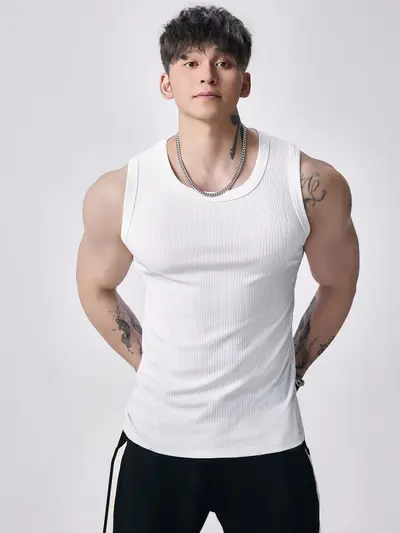 Men's Ribbed Fitness Tank Top, Breathable Solid Colour - 2