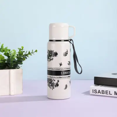 Gardenia Pattern Thermos Large Capacity Handled Sports Water Bottle - 7