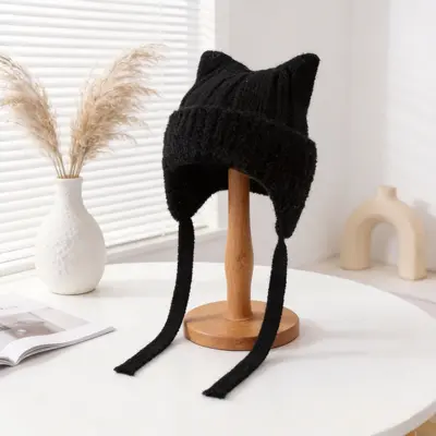 Korean-Style 3D Cat Ear Knit Hat for Women, Soft and Warm