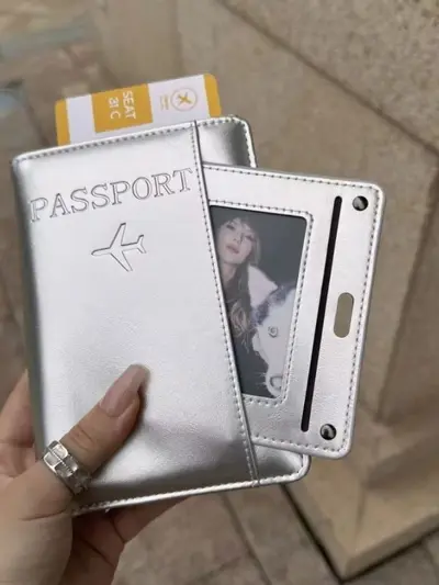 RFID passport holder, leather, silver, lightweight