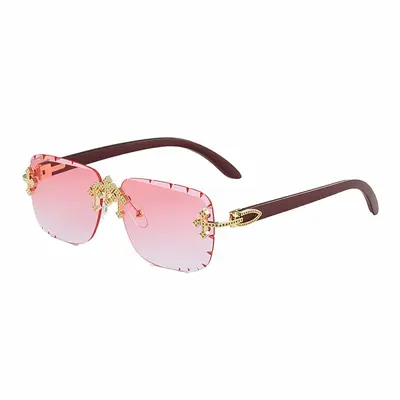 Retro Rimless Men's Sunglasses with Wood-Grain Temples - 12