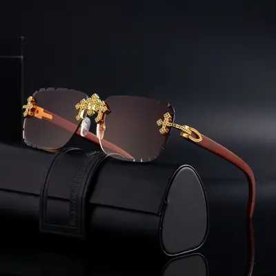 Retro Rimless Men's Sunglasses with Wood-Grain Temples - 3