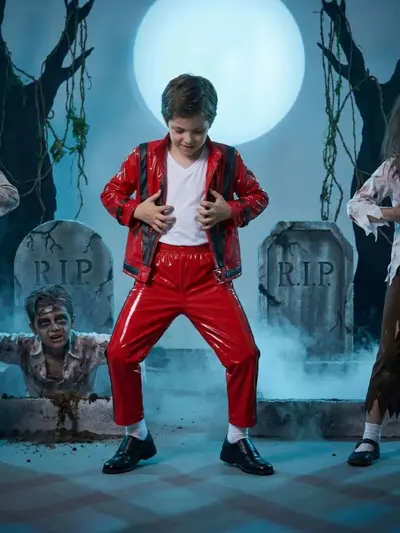 Çocuk Michael Jackson performans kostümü, kırmızı-siyah deri görünümlü takım