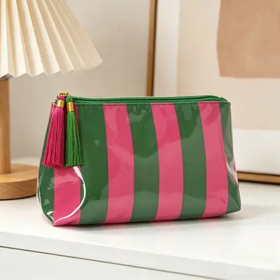 PVC Striped Cosmetic Bag with Tassel Zipper, Waterproof, Small