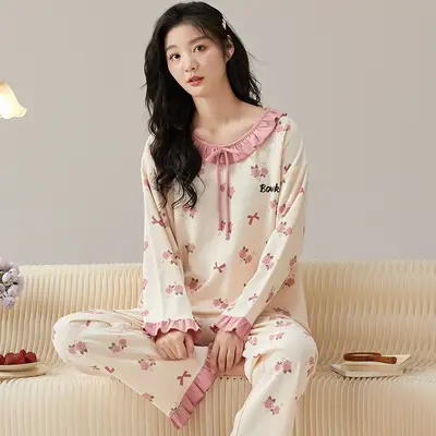 Women's Long Sleeve Two-Piece Pajama Set, Round Neck, Loose Fit