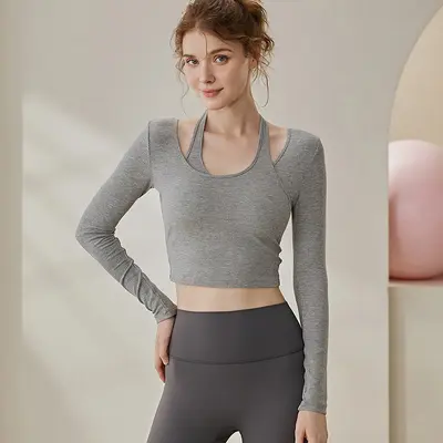 Women's Yoga Top, Halter Design, Chest Pad, Long Sleeve - 10
