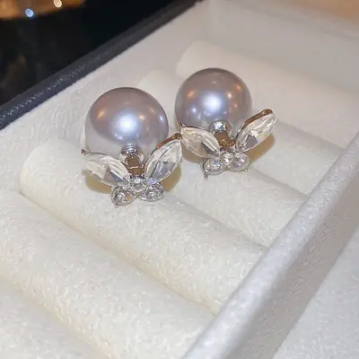 Zircon geometric pearl stud earrings, French style - 9