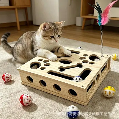 Solid Wood Maze Cat Toy, Square Self-Play Puzzle Box - 4