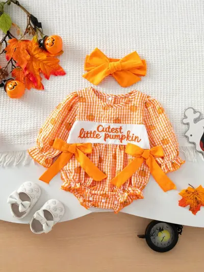 Baby Mädchen Langarm Halloween Strampler mit Schleife und Karomuster