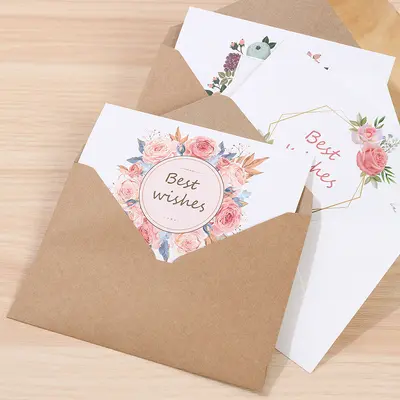 Foldable Thank You Greeting Card with Flowers, Kraft Paper, White Envelope and Seal