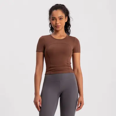 Athena lulu Summer New Yoga Wear Женская футболка с коротким рукавом и встроенными чашечками бюстгальтера, эффект «второй кожи», спортивный топ для бега и фитнеса - 2