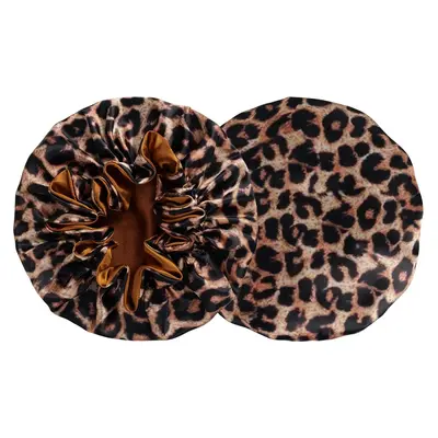Satin Sleep Cap with Lace Trim, Hair-Care Bonnet, Leopard Print
