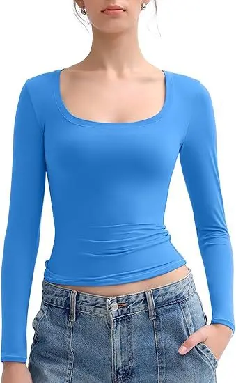 Kadın Uzun Kollu Göbek Açık Üst, Düz Renk, U Yaka Slim Fit Y2K Tişört - 12