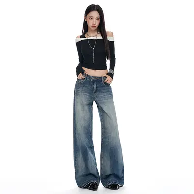 Çift Düğmeli Bel Vintage Düz Kot Pantolon Kadın Geniş Paça - 7