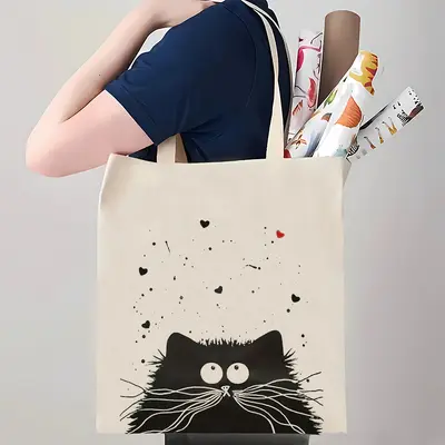 Cross-border popular cute cat print canvas bag shoulder foldable tote bag shopping bag travel bag customizable - 8
