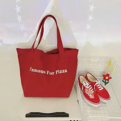 Red Letter Print Canvas Tote Bag with Large Capacity