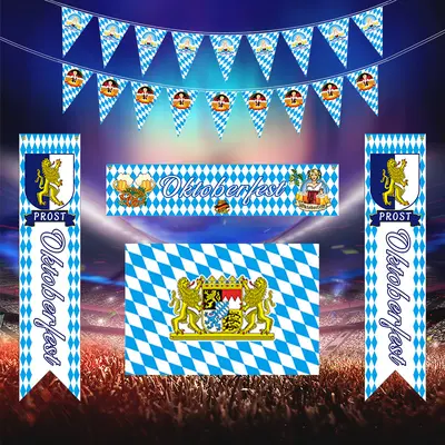 Oktoberfest Mavi Beyaz Ekose Masa Örtüsü ve Bayrak Seti