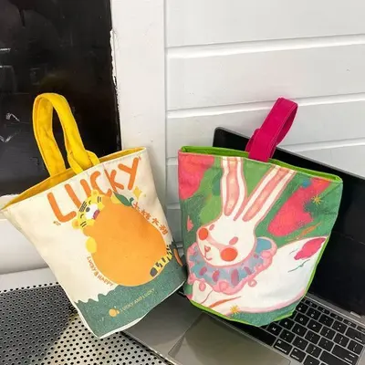 Printed Canvas Bucket Bag with Cartoon Illustration for Women - 5