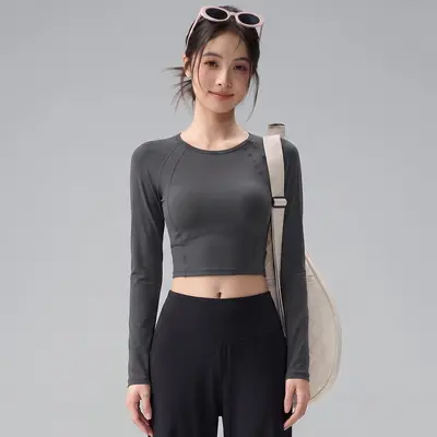 圆领短款瑜伽长袖女固定胸垫透气速干日常健身跑步训练瑜伽服上衣 - 6