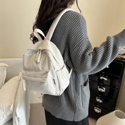 Women's Corduroy Striped Forest Style Backpack, 2025 - 3