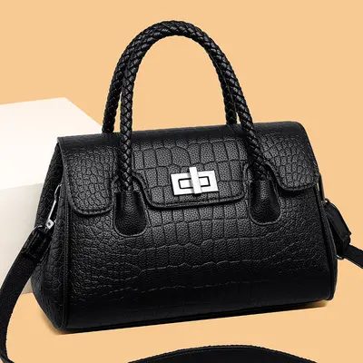 Women's Embossed Leather Shoulder Bag, Woven Cord Detail, Crossbody Strap