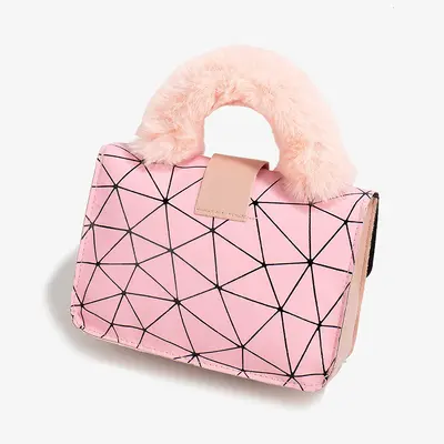 Women's Chain Handbag, Geometric Print Plush, Small Square Design - 3