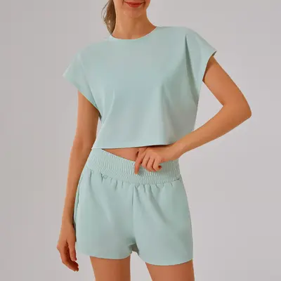 Solid Color Round-Neck Women's Yoga Fitness Set, Breathable, High Elastic - 11