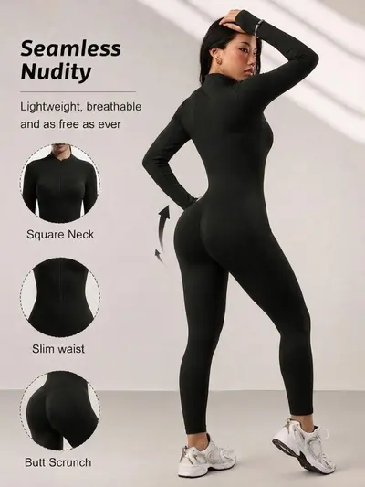 Women's Zip Long Sleeve Yoga Jumpsuit with Thumb Holes, Butt-Lifting Sports Bodysuit - 5