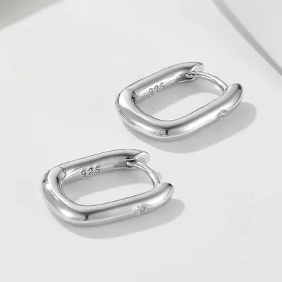 Silberne Ohrringe, ovale U-Form, mit Diamanten, minimalistisch - 8