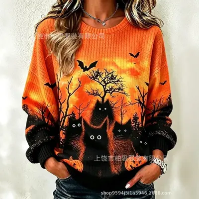 Women's retro Christmas print sweatshirt with round neck, autumn and winter