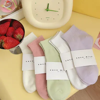 Spring and autumn short socks solid color women's pure cotton thin Japanese style student sports comfortable colorful short socks candy color