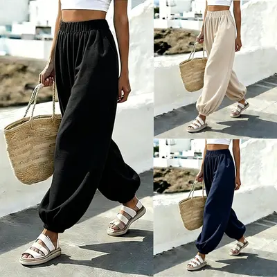 Beach Style High-Waist Pocket Comfortable Lantern Women's Long Pants