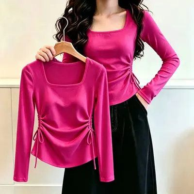 Damen-Langarmshirt mit eckigem Ausschnitt, schmal machender Schnitt, unregelmäßige Falten - 7