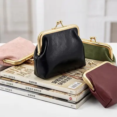Retro Oily Leather Iron Clip Coin Purse, Large Capacity, Light Gold Clip Edge, Candy Color Mini Handheld Coin Pouch