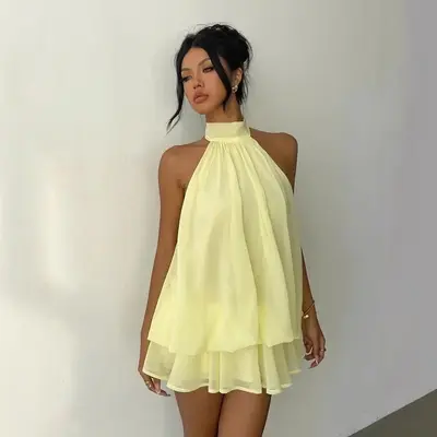 Backless halter neck tie-waist solid color summer dress - 7