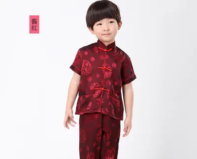 Red Men's Tang Suit, Short-Sleeve Summer Outfit