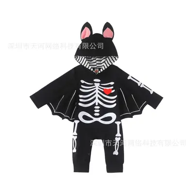 Newborn Halloween Bat Romper with Hooded Skeleton Costume - 7
