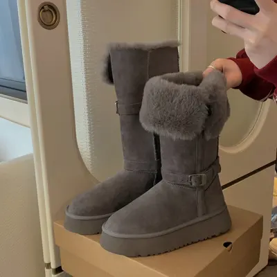 Kadın 8 cm Dolgu Topuklu Kar Botu, Kalın Taban, Tüylü, Sıcak Pamuklu - 7