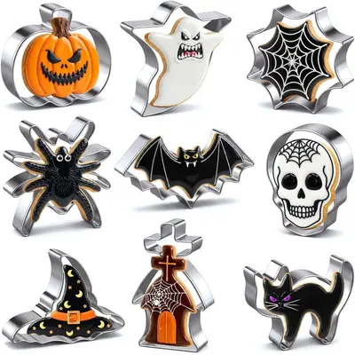 Stainless Steel Halloween Cookie Press Mold, Pumpkin and Bat Shapes