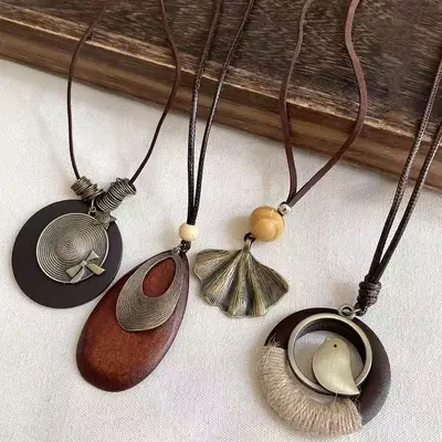Chinese zen wooden pendant necklace long style