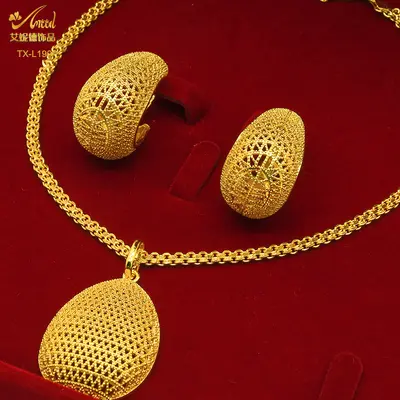 24K altın kaplı bakır takı seti kolye küpe geometrik - 9