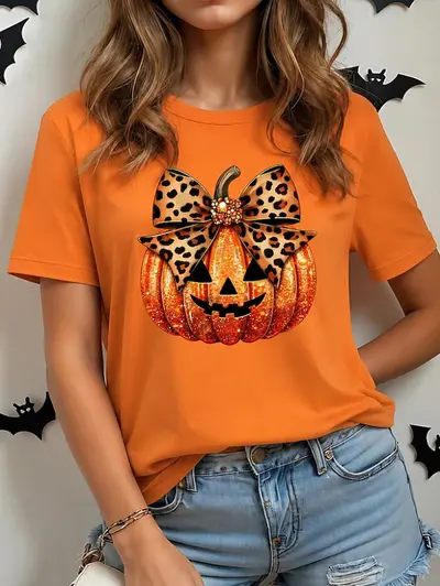 Cadılar Bayramı balkabağı baskılı kadın kısa kollu T-shirt