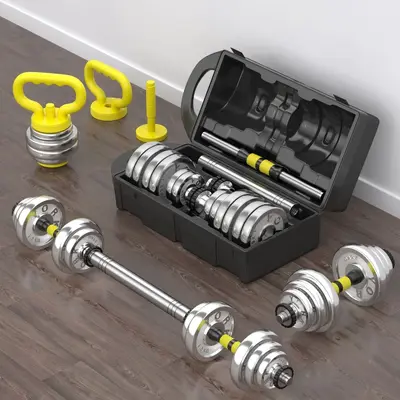Electroplated solid dumbbells, barbell and kettlebell set