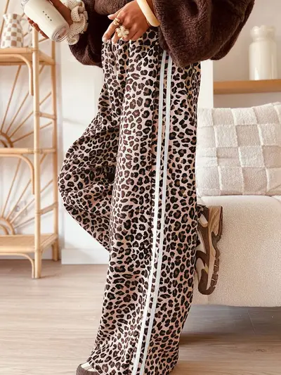 High-Waist Women's Casual Pants, Leopard Print, Striped Trim, Straight Leg